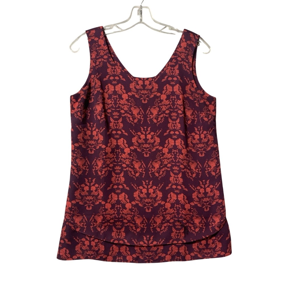 Cabi Flapper Cami Tank Top Burgundy Red‎ Damask Print V-Neck Split Back Small